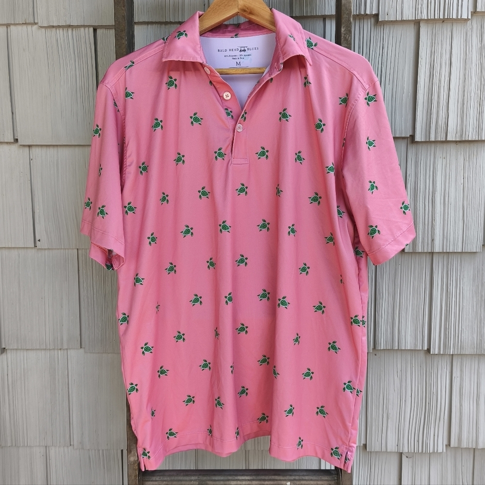 Bald Head Blues Turtle Print Golf Polo Pink Green sz M Coastal Preppy Tropical